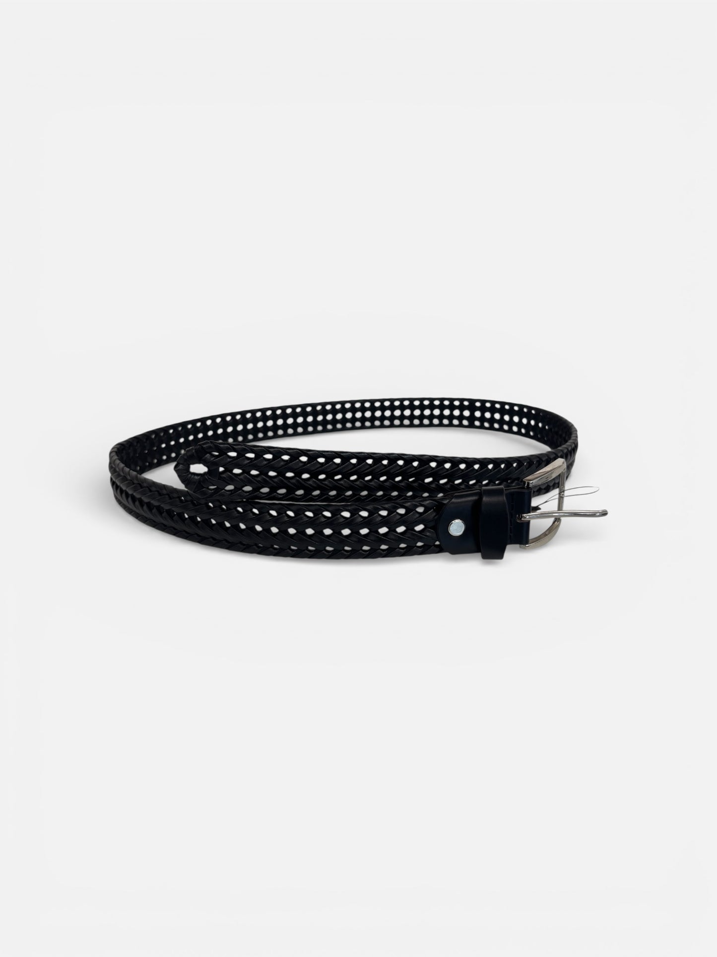 Black Braided Perforated Leather Belt with Silver Buckle