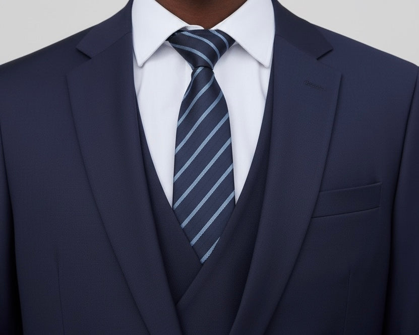Navy Solid Colour Tie White Light Blue Stripes