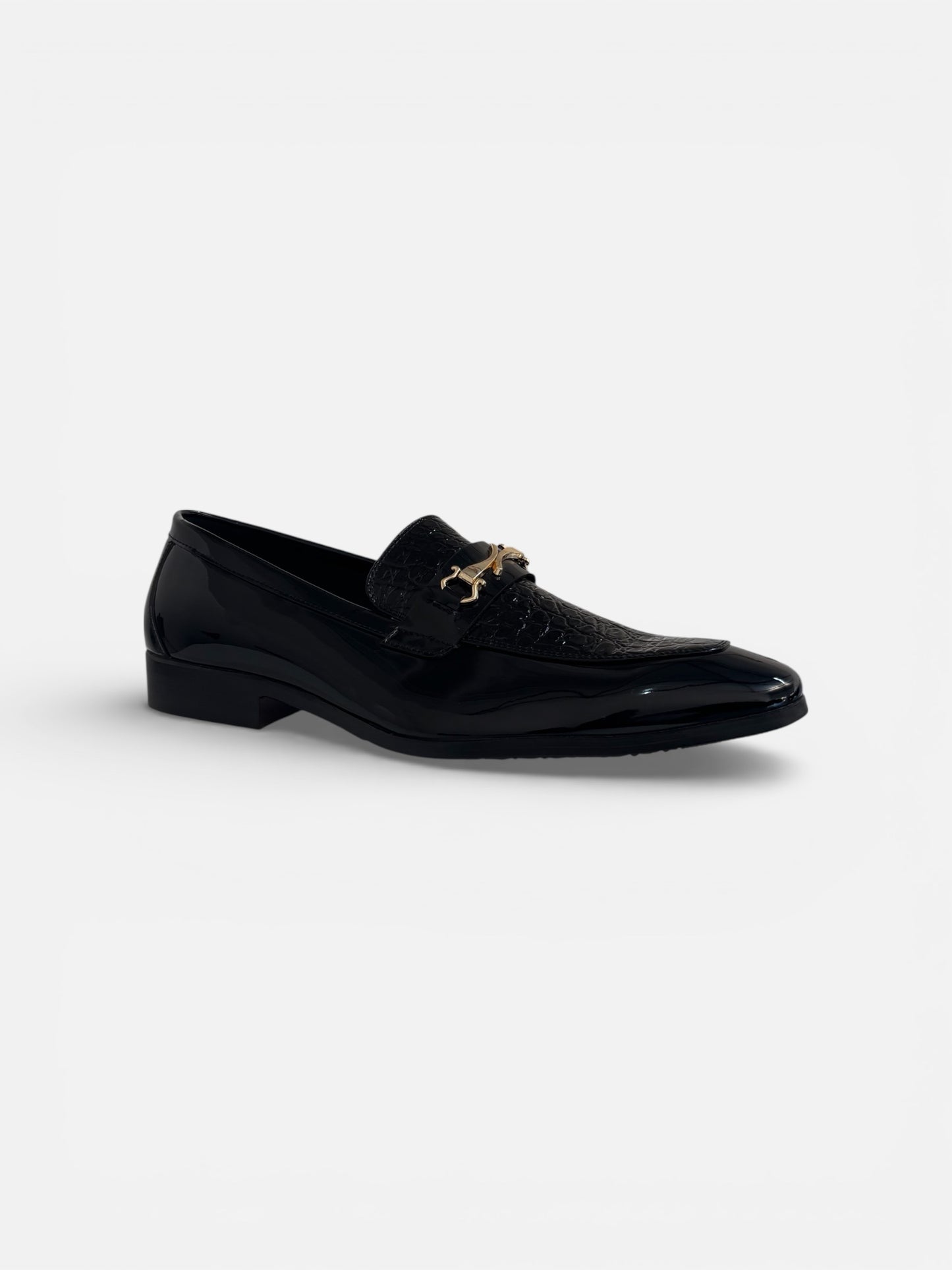 Men’s Crocodile Embossed Leather Horsebit Loafers – Black Slip-On Dress Shoes with a touch of Gold