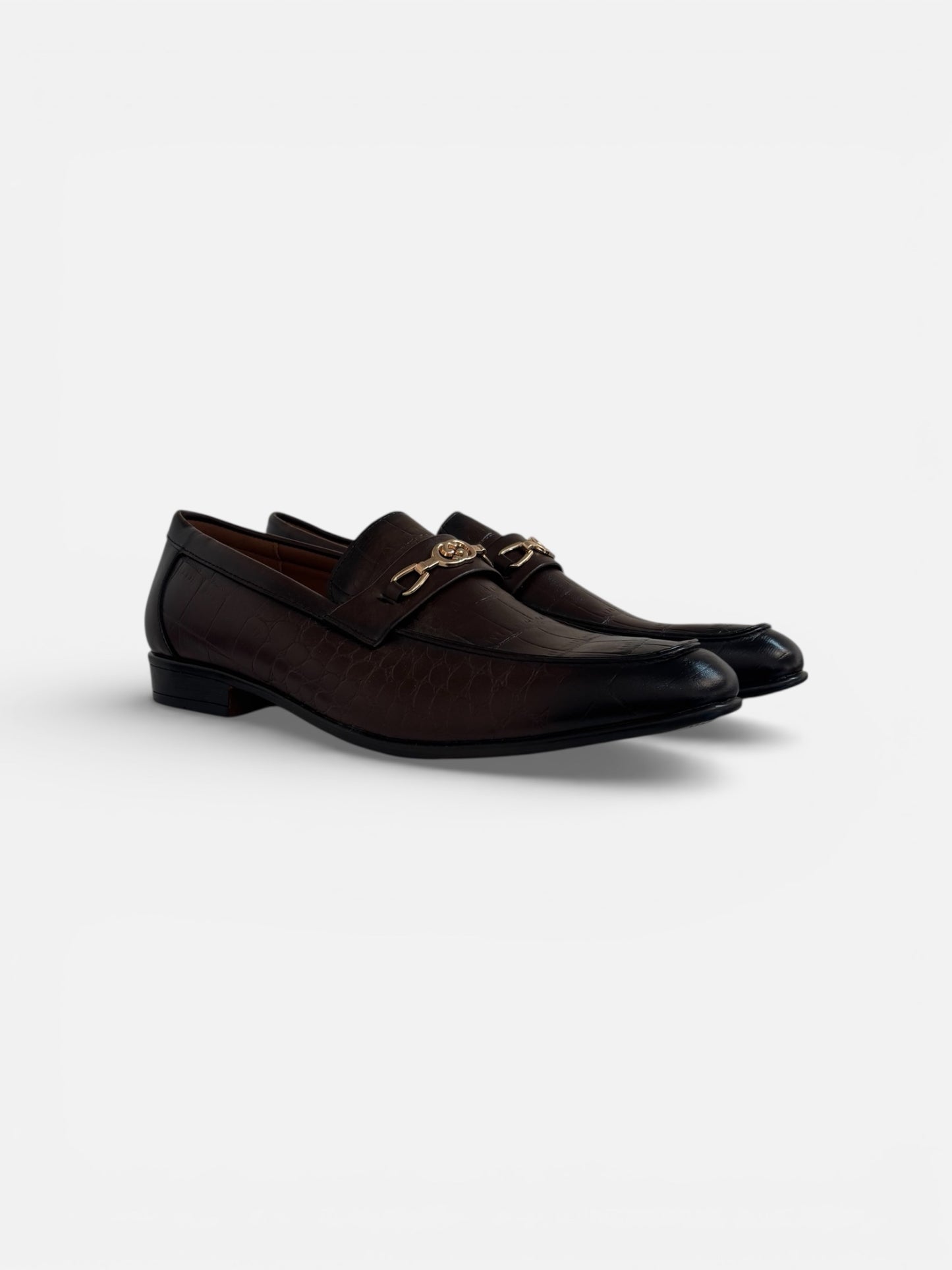 Men’s Crocodile Embossed Leather Horsebit Loafers – Brown Slip-On Dress Shoes
