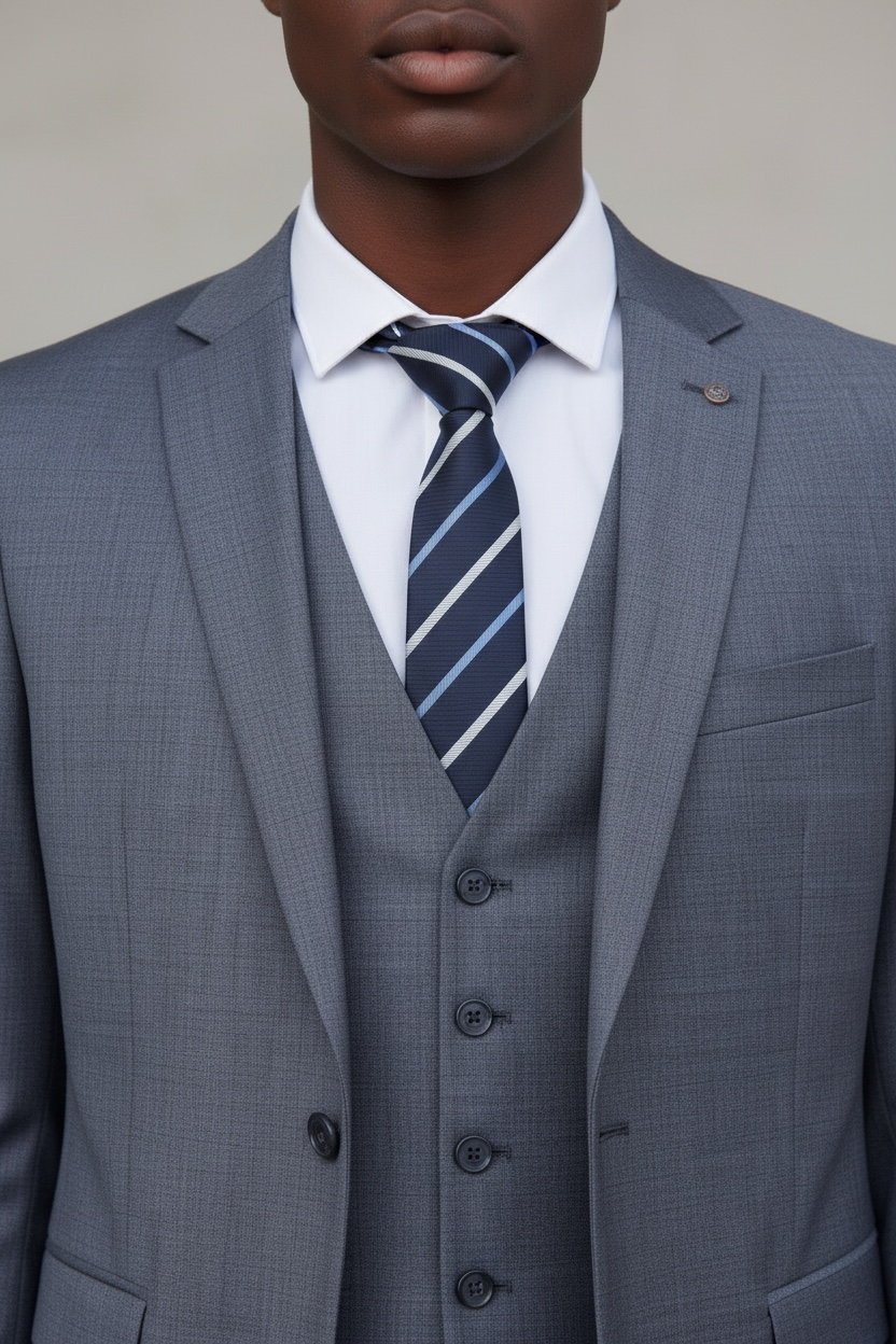 Navy Solid Colour Tie White Light Blue Stripes