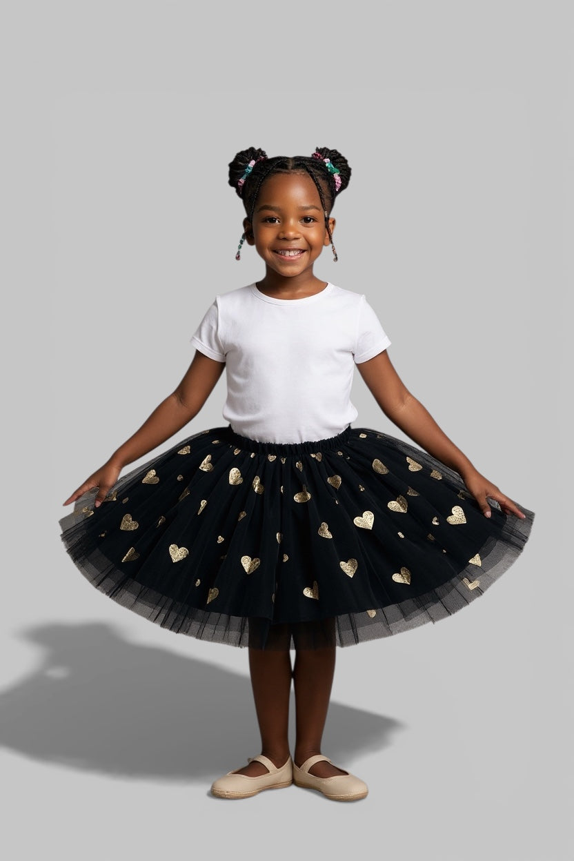 Girls Black Tutu Skirt Gold hearts elastic waistband
