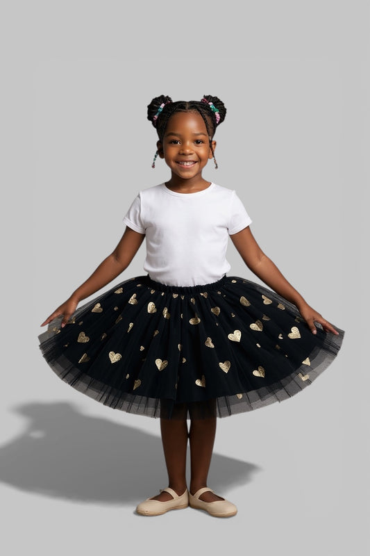 Girls Black Tutu Skirt Gold hearts elastic waistband