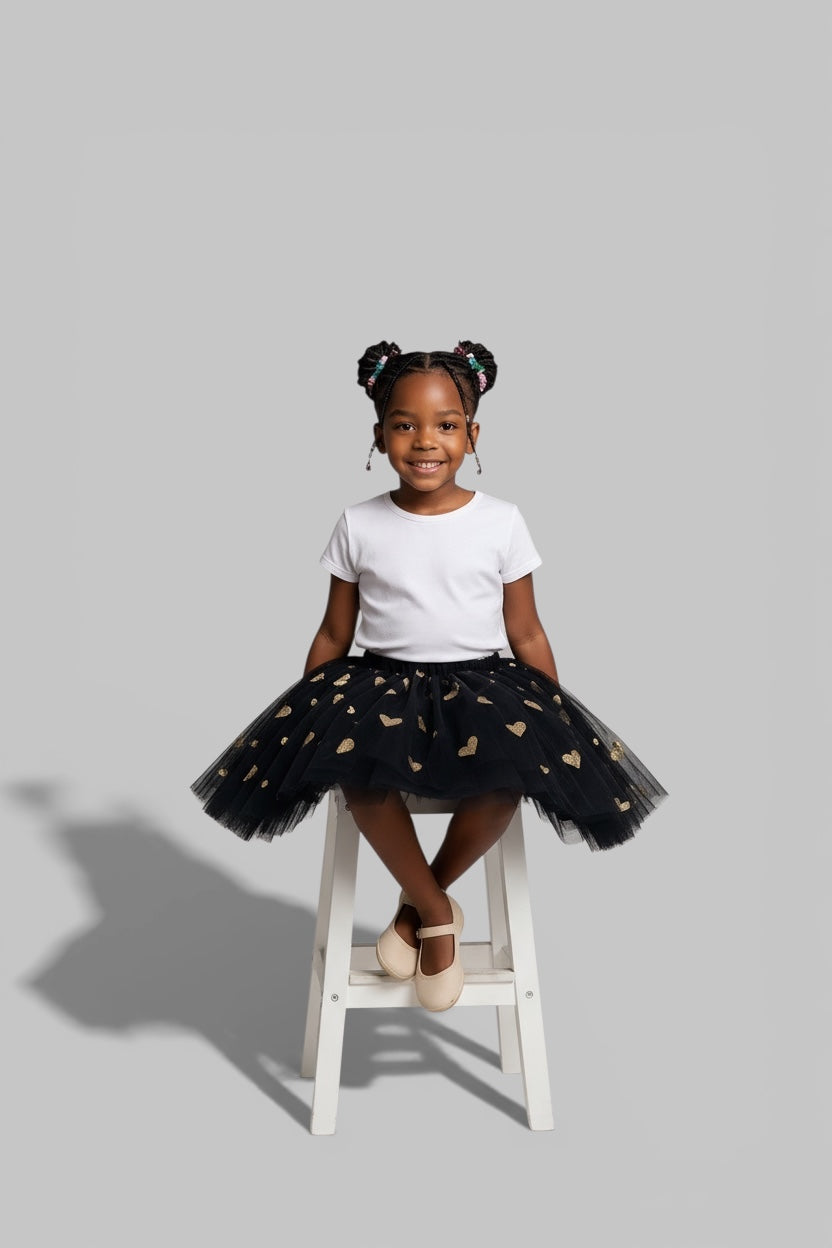 Girls Black Tutu Skirt Gold hearts elastic waistband