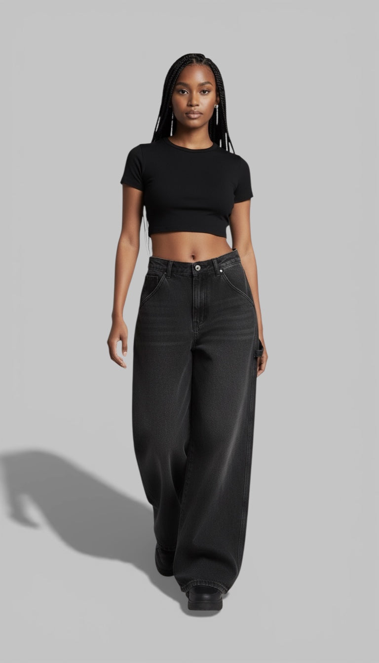Women's Loose Fit Black Casual Straight-Leg Jeans With Pockets
