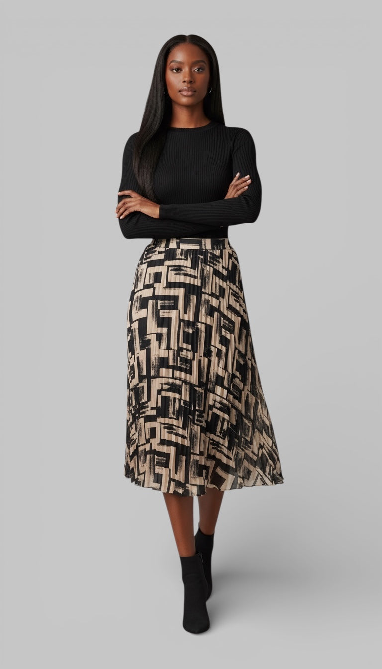 Black & Brown Abstract Print Pleated Midi Skirt