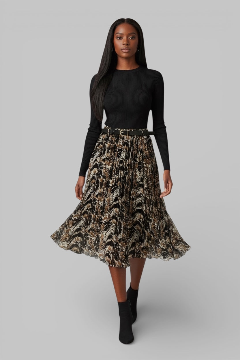 Black & Brown Abstract Print Pleated Midi Skirt