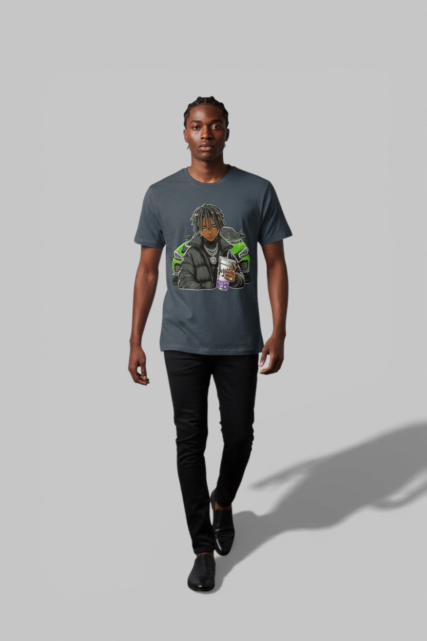 Blue greyish T-shirt Cartoon Round Neck Short Sleeve