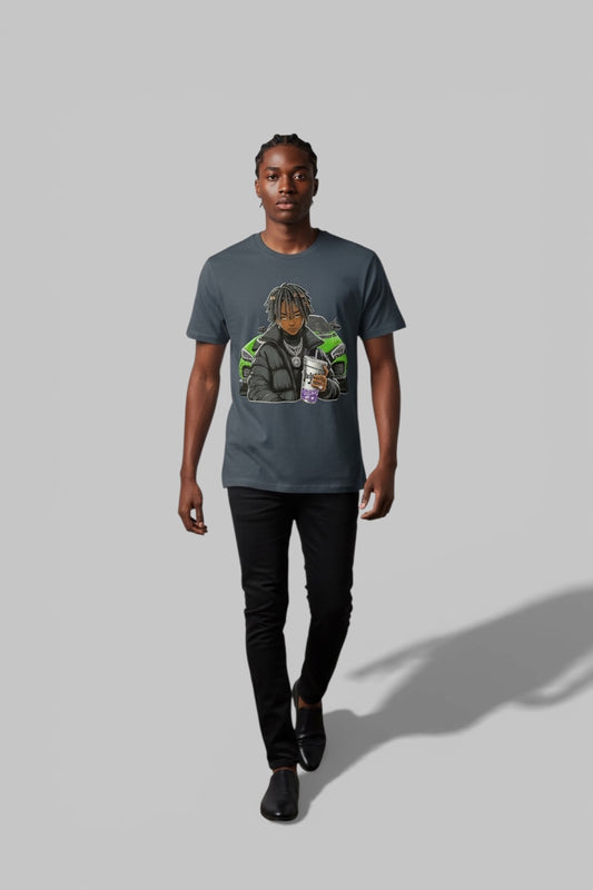 Blue greyish T-shirt Cartoon Round Neck Short Sleeve
