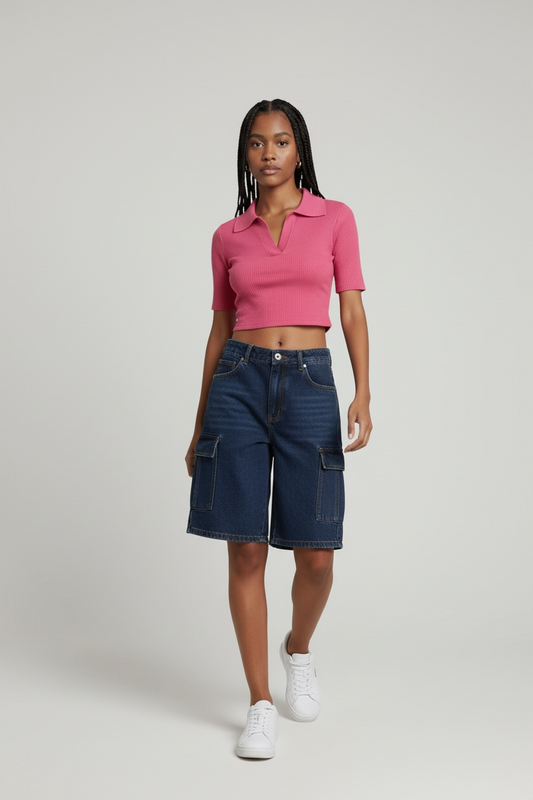 1pc Women’s Denim Shorts Multiple Pockets Blue