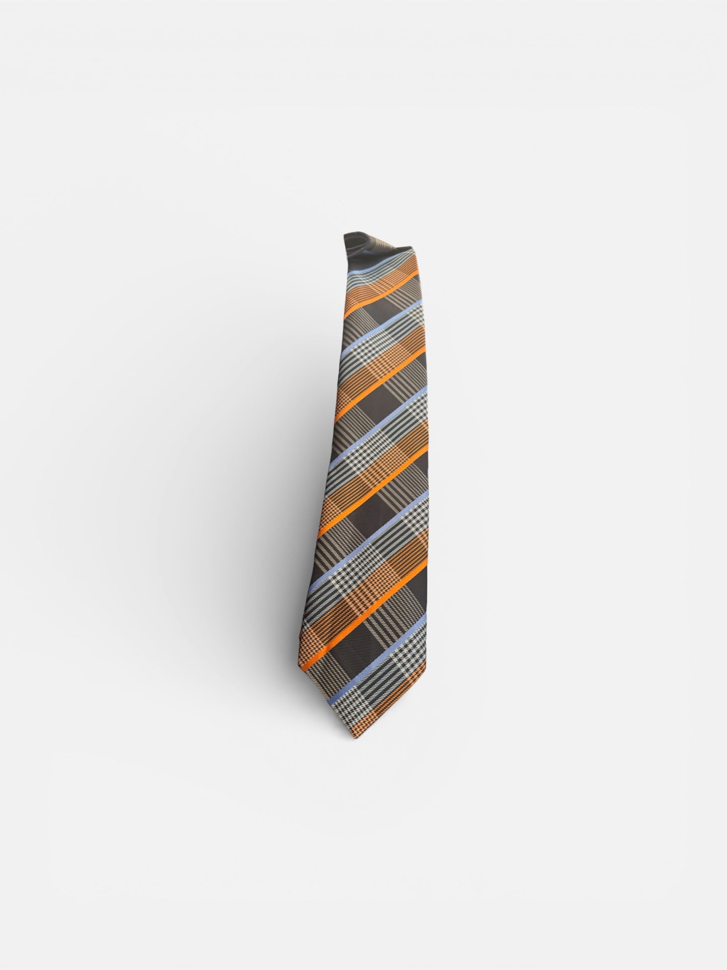 1pc 8CM Luxury Necktie. Blue background Bronze/Brown Art. Orange Blue light blue Checks Dusty pink lines floral blues
