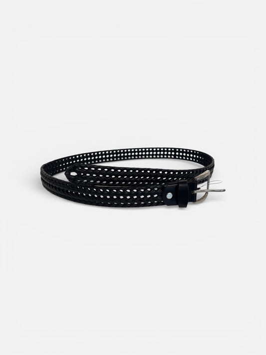 Black Braided Perforated Leather Belt with Silver Buckle