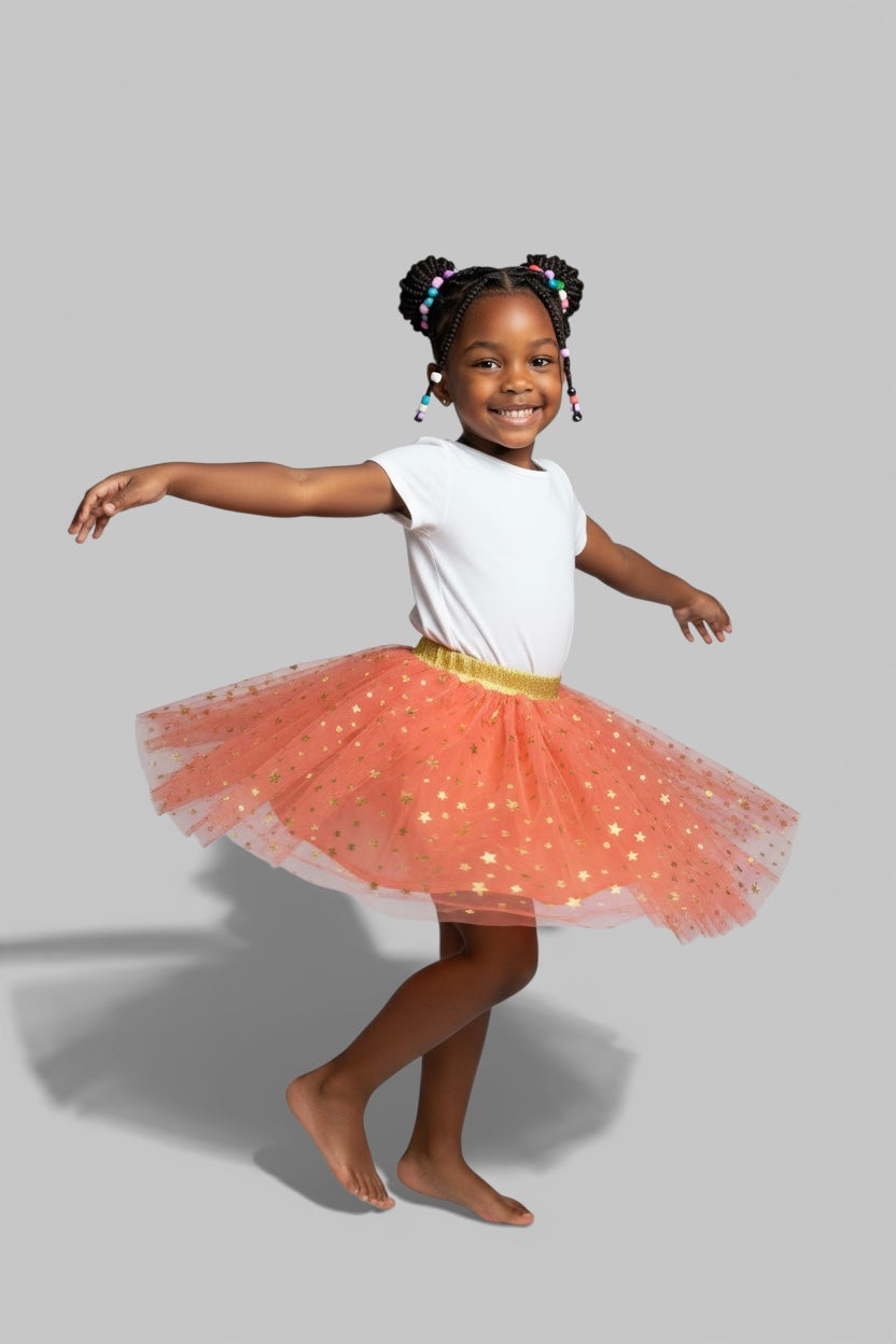 Girls Peach Tutu Skirt Gold Stars Gold elastic waistband