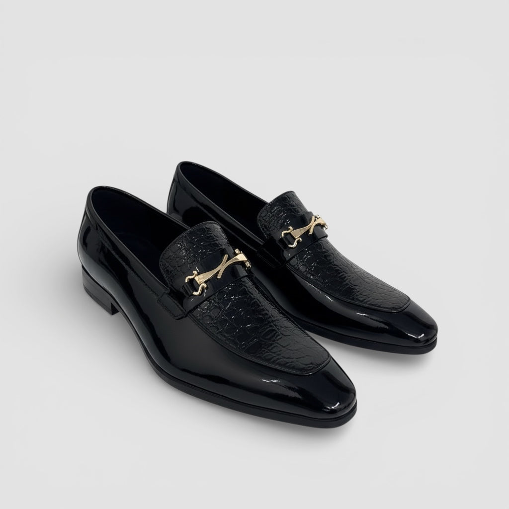 Men’s Crocodile Embossed Leather Horsebit Loafers – Black Slip-On Dress Shoes with a touch of Gold