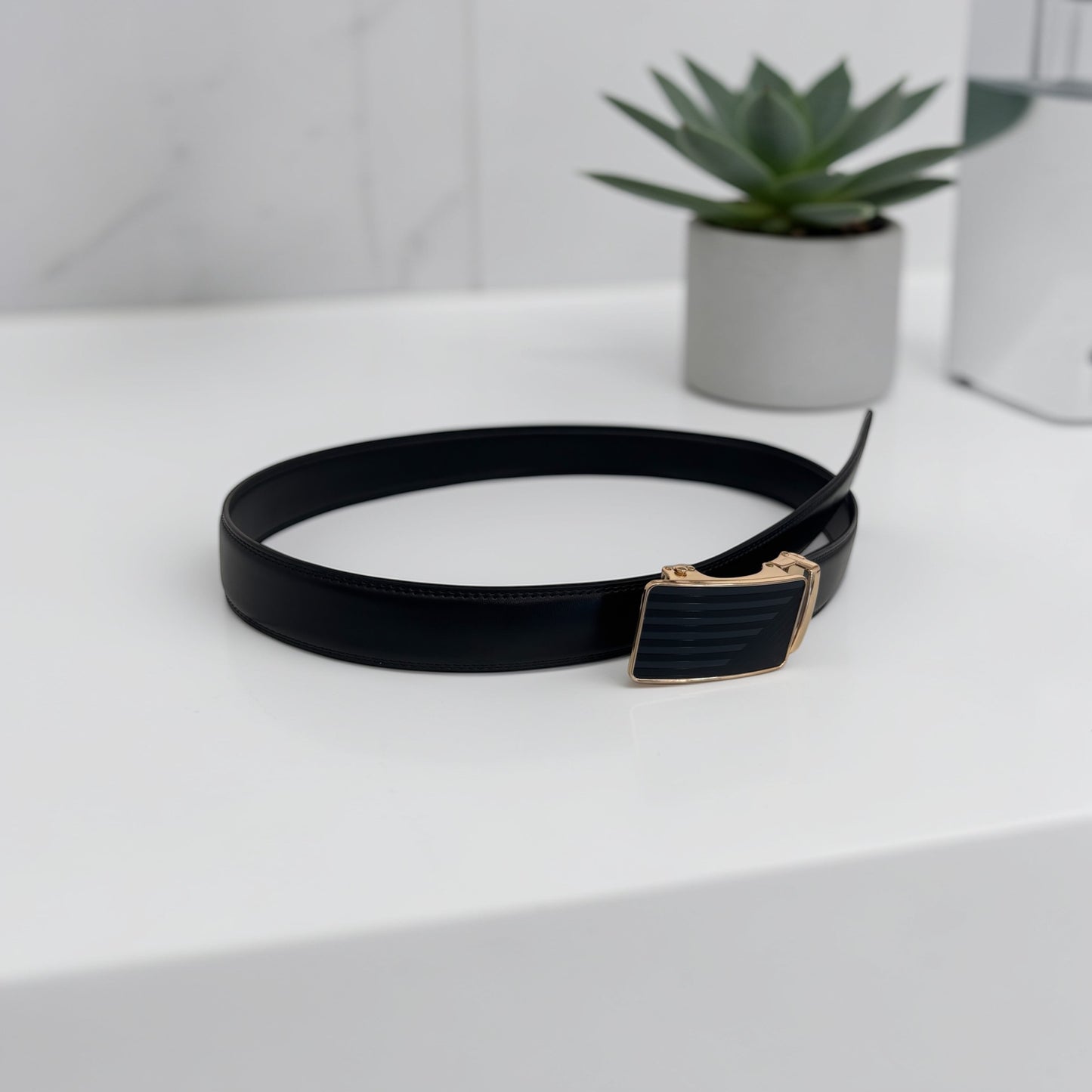Classic Black Leather Belt with Gold Frame Buckle