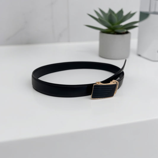 Classic Black Leather Belt with Gold Frame Buckle