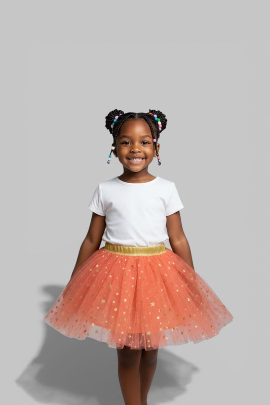 Girls Peach Tutu Skirt Gold Stars Gold elastic waistband
