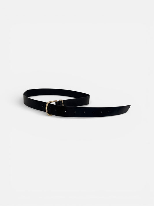 Minimalist Black Leather Belt with Gold Plaque Buckle