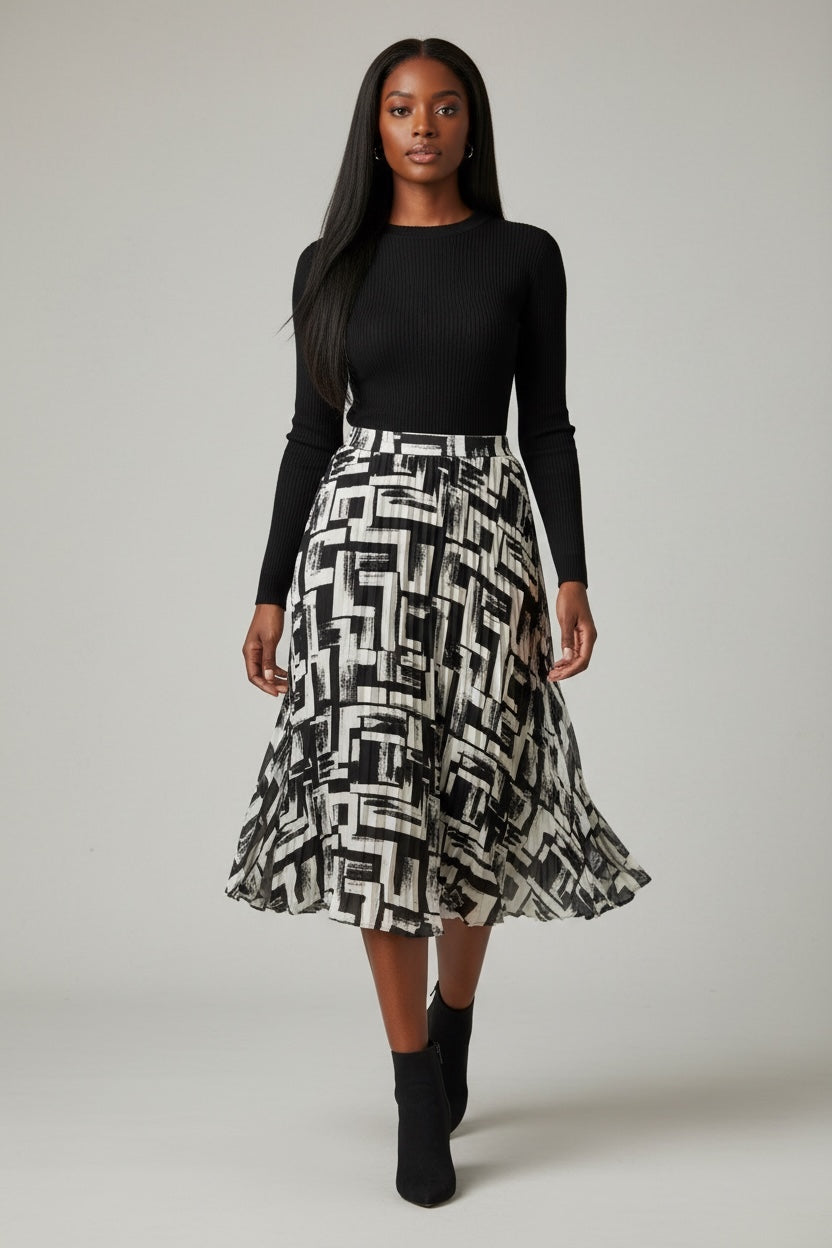 Black & Brown Abstract Print Pleated Midi Skirt