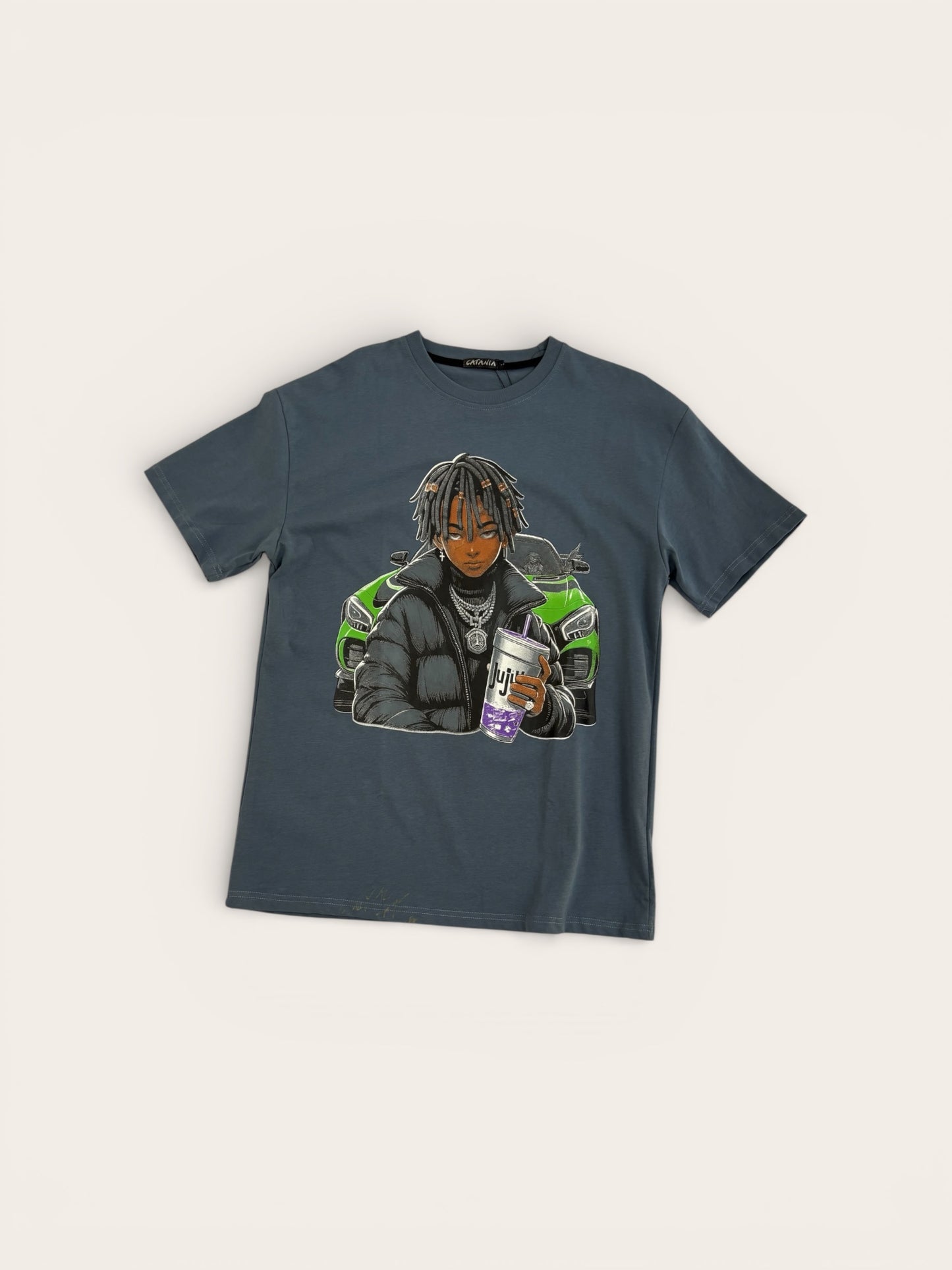 Blue greyish T-shirt Cartoon Round Neck Short Sleeve