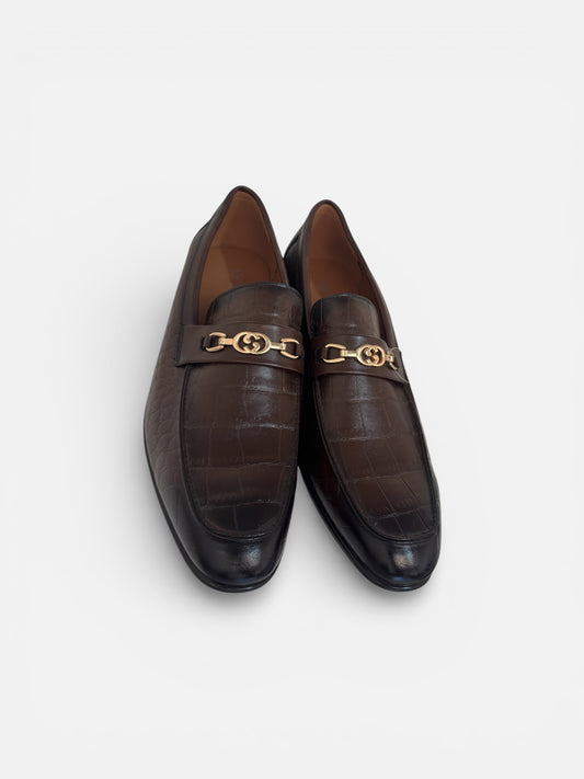 Men’s Crocodile Embossed Leather Horsebit Loafers – Brown Slip-On Dress Shoes