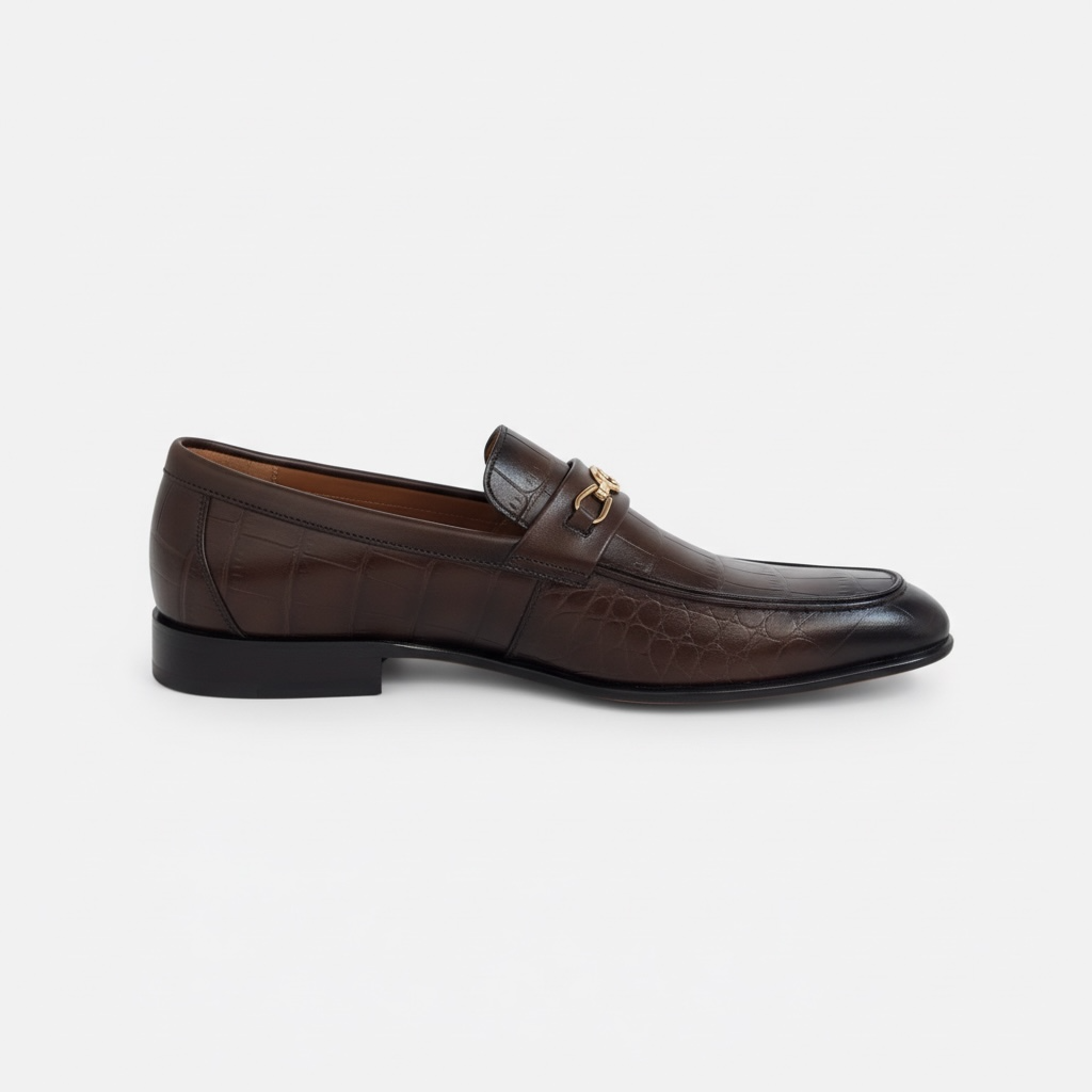 Men’s Crocodile Embossed Leather Horsebit Loafers – Brown Slip-On Dress Shoes